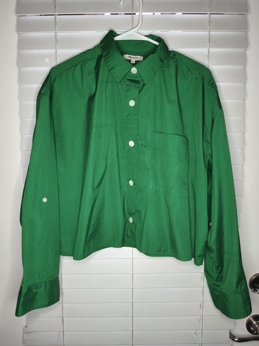Madewell Poplin Straight-Hem Shirt Green Cropped Boxy Button Up Women's Size M